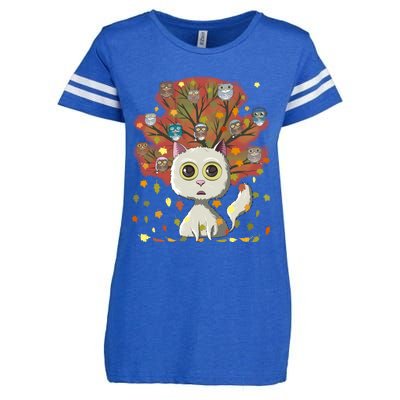 Funny Cute Kawaii Cat Owl Coffee Lover Autumn Leaves Fall Thanksgiving Cool Gift Enza Ladies Jersey Football T-Shirt