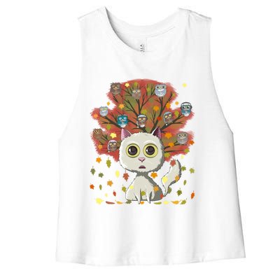 Funny Cute Kawaii Cat Owl Coffee Lover Autumn Leaves Fall Thanksgiving Cool Gift Women's Racerback Cropped Tank