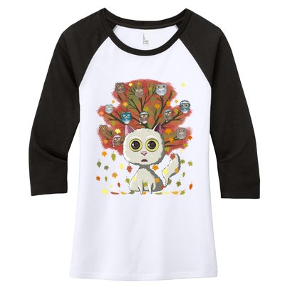 Funny Cute Kawaii Cat Owl Coffee Lover Autumn Leaves Fall Thanksgiving Cool Gift Women's Tri-Blend 3/4-Sleeve Raglan Shirt