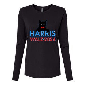 Funny Cute Kamala Harris Tim Walz 2024 Cat Womens Cotton Relaxed Long Sleeve T-Shirt