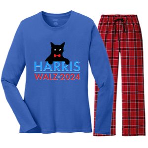 Funny Cute Kamala Harris Tim Walz 2024 Cat Women's Long Sleeve Flannel Pajama Set 