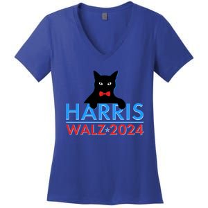 Funny Cute Kamala Harris Tim Walz 2024 Cat Women's V-Neck T-Shirt