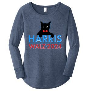 Funny Cute Kamala Harris Tim Walz 2024 Cat Women's Perfect Tri Tunic Long Sleeve Shirt