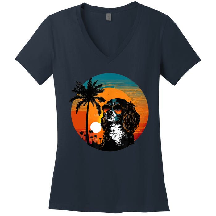 Funny Cavalier King Charles Spaniel Cute Cool Sunglasses Women's V-Neck T-Shirt