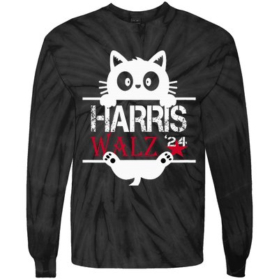 Funny Cat Kamala Harris Walz Us 2024 Elections Tie-Dye Long Sleeve Shirt