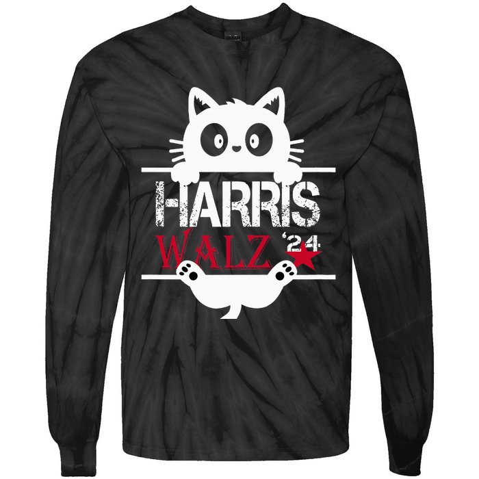 Funny Cat Kamala Harris Walz Us 2024 Elections Tie-Dye Long Sleeve Shirt