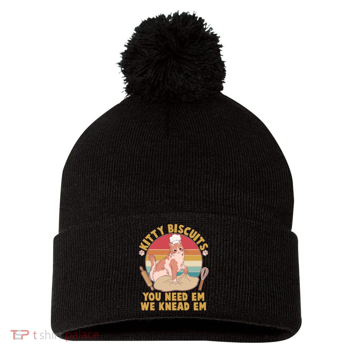 Funny Cute Kitty Biscuits You Need Em We Knead Em Pom Pom 12in Knit Beanie