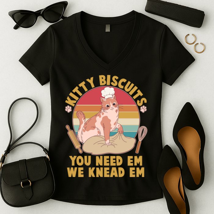 Funny Cute Kitty Biscuits You Need Em We Knead Em Women's V-Neck T-Shirt