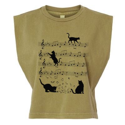 Funny Cat Kitty Playing Music Note Clef Piano Musician Art Garment-Dyed Women's Muscle Tee