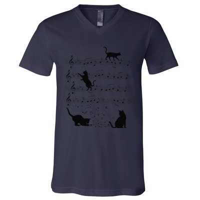 Funny Cat Kitty Playing Music Note Clef Piano Musician Art V-Neck T-Shirt