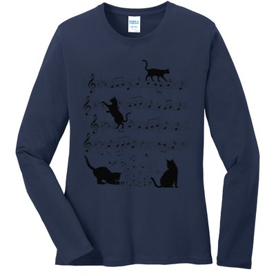 Funny Cat Kitty Playing Music Note Clef Piano Musician Art Ladies Long Sleeve Shirt