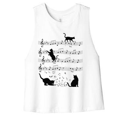 Funny Cat Kitty Playing Music Note Clef Piano Musician Art Women's Racerback Cropped Tank