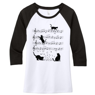 Funny Cat Kitty Playing Music Note Clef Piano Musician Art Women's Tri-Blend 3/4-Sleeve Raglan Shirt