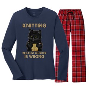 Funny Cat Knits Knitting Because Murder Is Wrong Women's Long Sleeve Flannel Pajama Set 