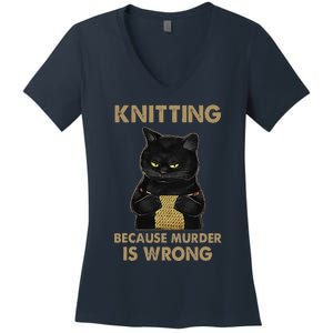 Funny Cat Knits Knitting Because Murder Is Wrong Women's V-Neck T-Shirt