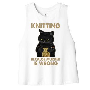 Funny Cat Knits Knitting Because Murder Is Wrong Women's Racerback Cropped Tank