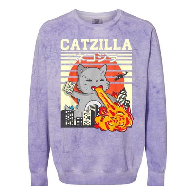 Funny Catzilla Kawaii Cat Kitten Lover Japanese Sunset Colorblast Crewneck Sweatshirt