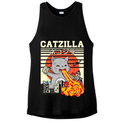Funny Catzilla Kawaii Cat Kitten Lover Japanese Sunset Ladies PosiCharge Tri-Blend Wicking Tank