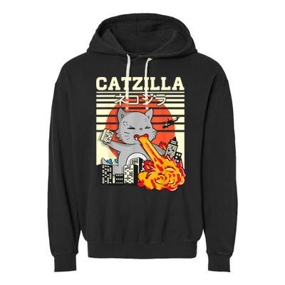 Funny Catzilla Kawaii Cat Kitten Lover Japanese Sunset Garment-Dyed Fleece Hoodie