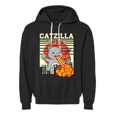 Funny Catzilla Kawaii Cat Kitten Lover Japanese Sunset Garment-Dyed Fleece Hoodie