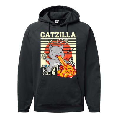 Funny Catzilla Kawaii Cat Kitten Lover Japanese Sunset Performance Fleece Hoodie