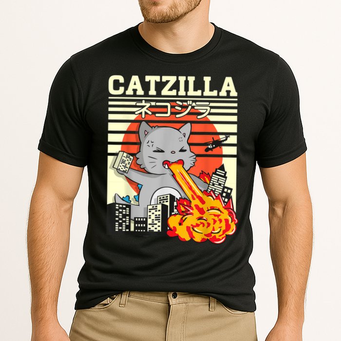 Funny Catzilla Kawaii Cat Kitten Lover Japanese Sunset Cooling Performance Crew T-Shirt