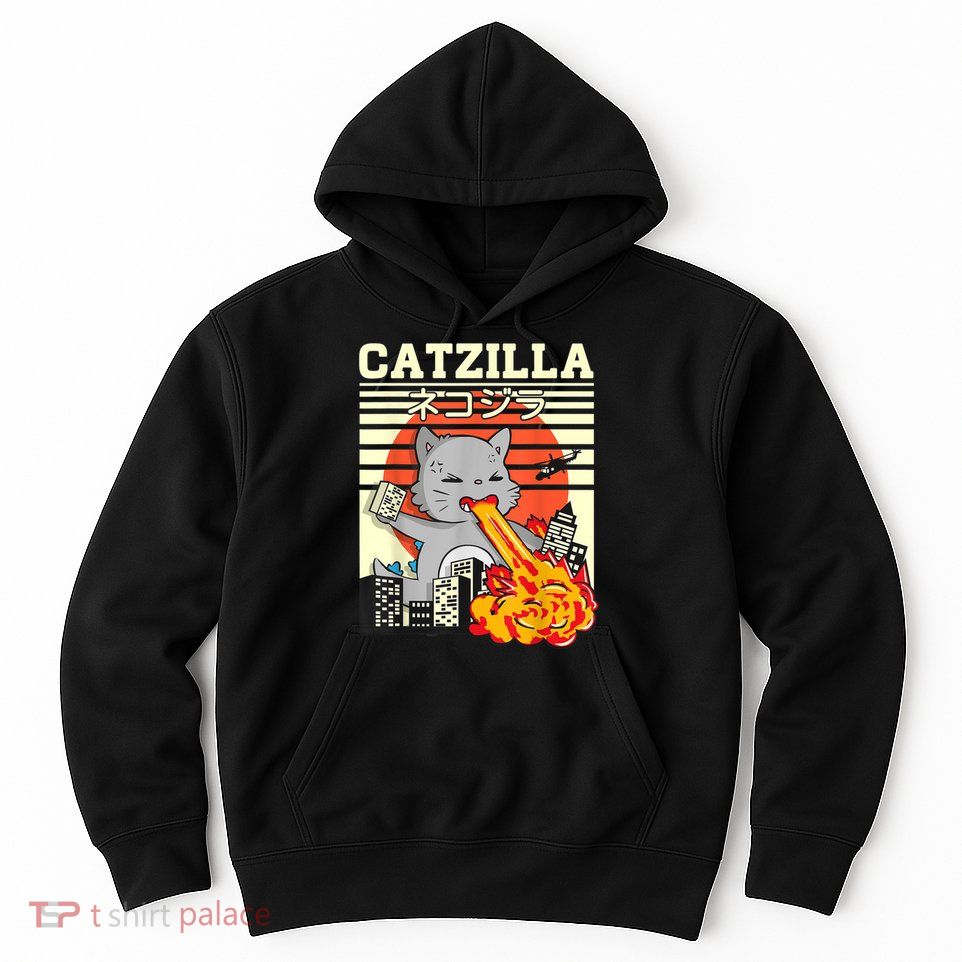 Funny Catzilla Kawaii Cat Kitten Lover Japanese Sunset Hoodie
