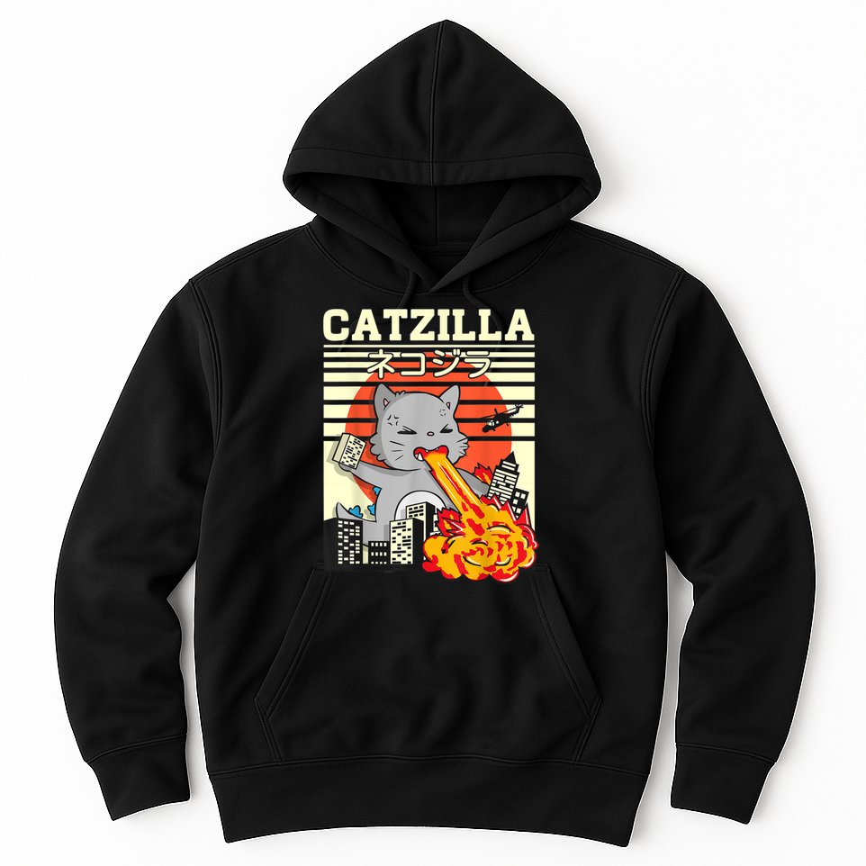 Funny Catzilla Kawaii Cat Kitten Lover Japanese Sunset Hoodie