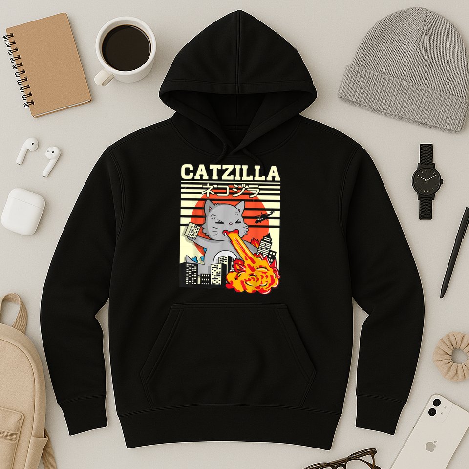 Funny Catzilla Kawaii Cat Kitten Lover Japanese Sunset Hoodie