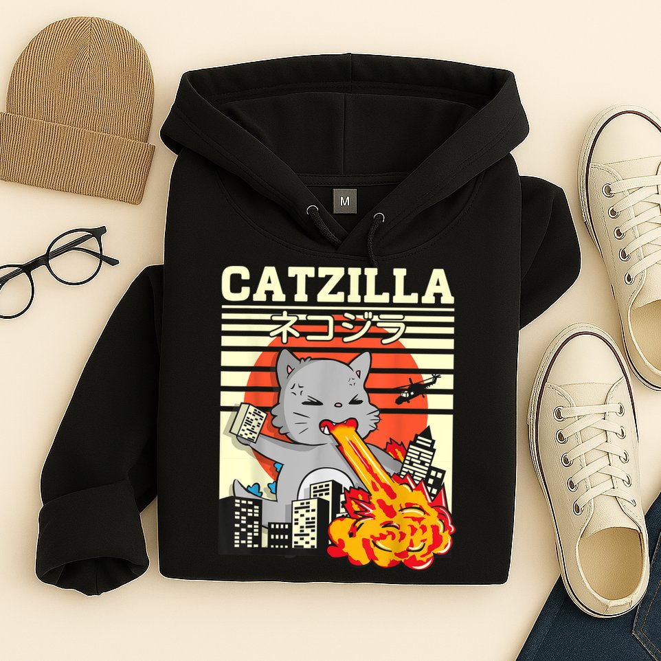 Funny Catzilla Kawaii Cat Kitten Lover Japanese Sunset Hoodie
