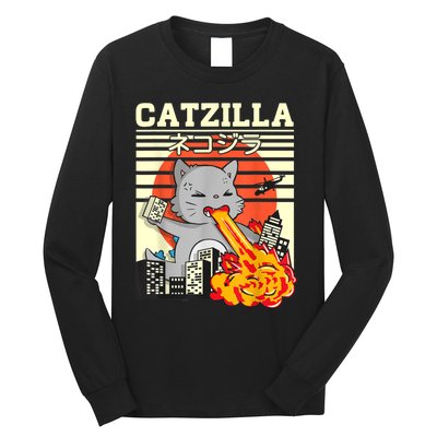 Funny Catzilla Kawaii Cat Kitten Lover Japanese Sunset Long Sleeve Shirt