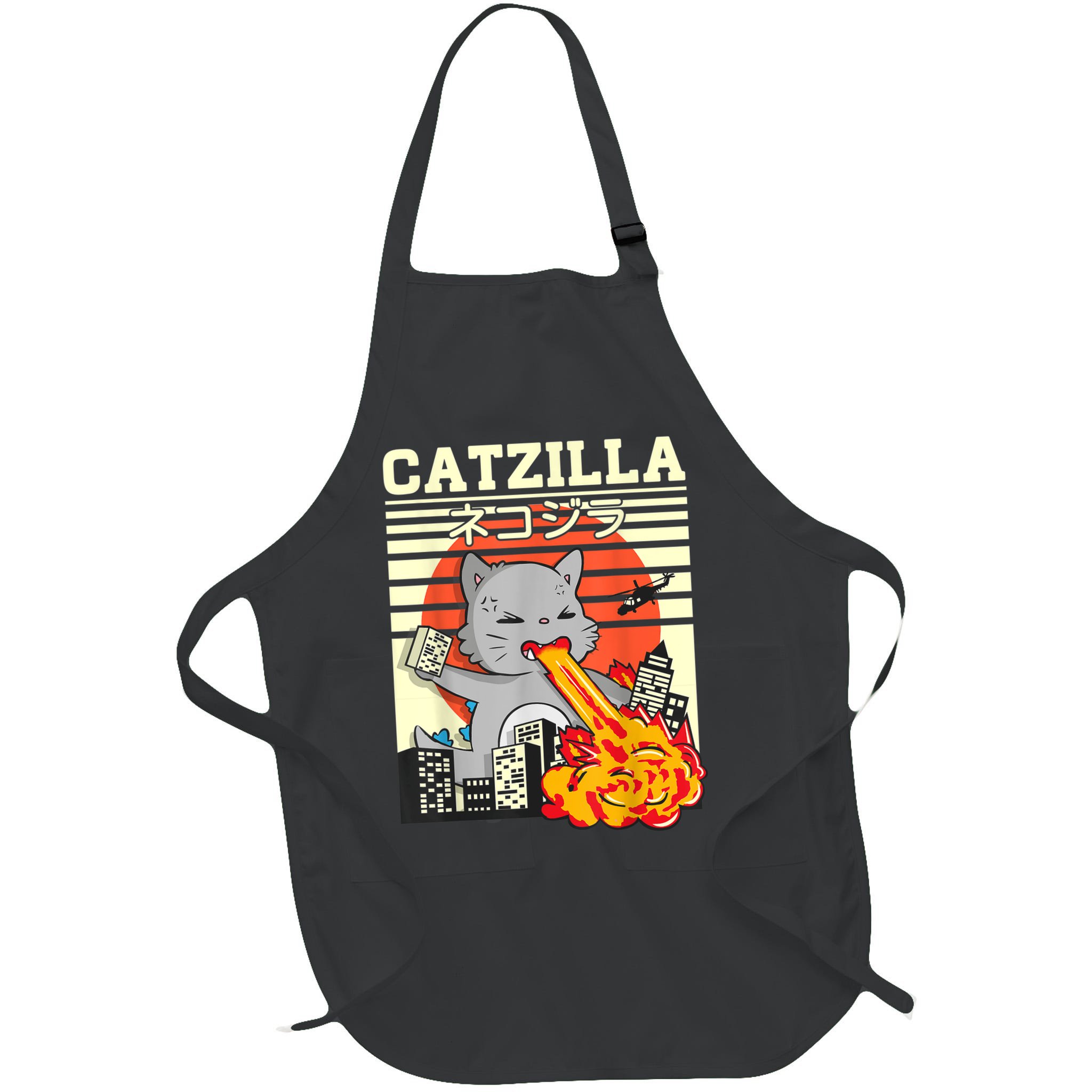 Funny Catzilla Kawaii Cat Kitten Lover Japanese Sunset Apron