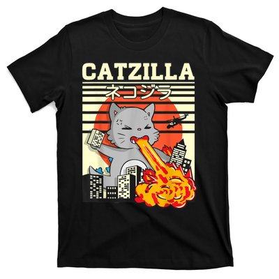 Funny Catzilla Kawaii Cat Kitten Lover Japanese Sunset T-Shirt