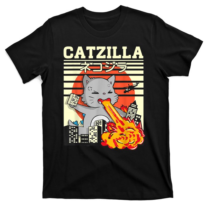 Funny Catzilla Kawaii Cat Kitten Lover Japanese Sunset T-Shirt