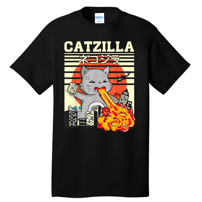 Funny Catzilla Kawaii Cat Kitten Lover Japanese Sunset Tall T-Shirt