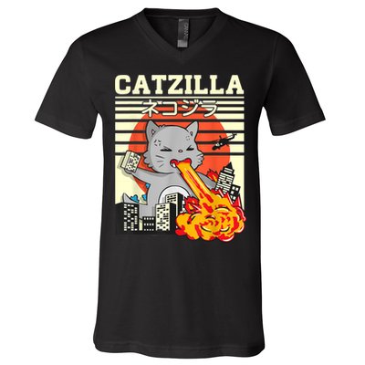 Funny Catzilla Kawaii Cat Kitten Lover Japanese Sunset V-Neck T-Shirt