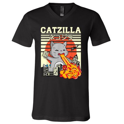 Funny Catzilla Kawaii Cat Kitten Lover Japanese Sunset V-Neck T-Shirt