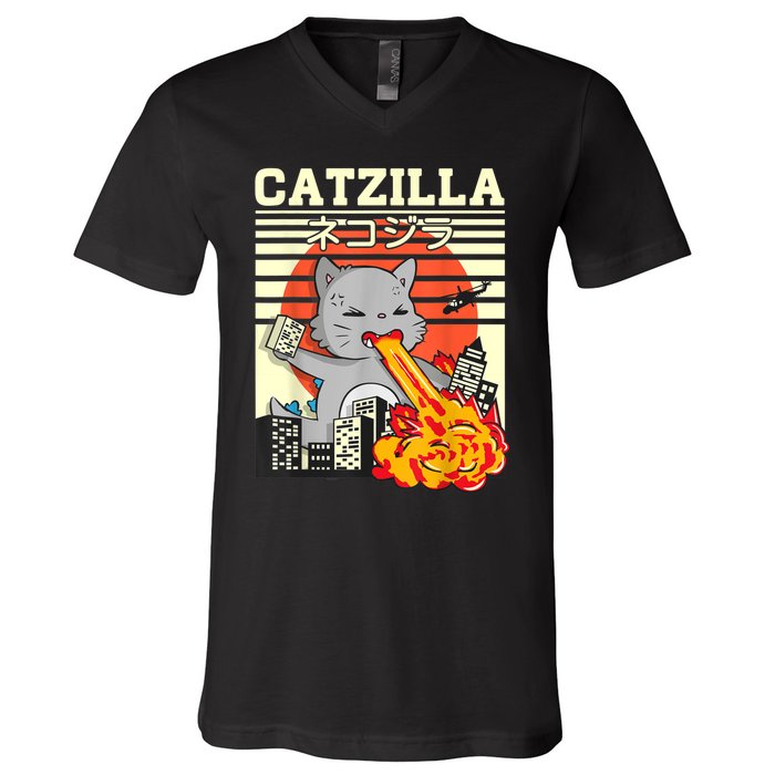 Funny Catzilla Kawaii Cat Kitten Lover Japanese Sunset V-Neck T-Shirt