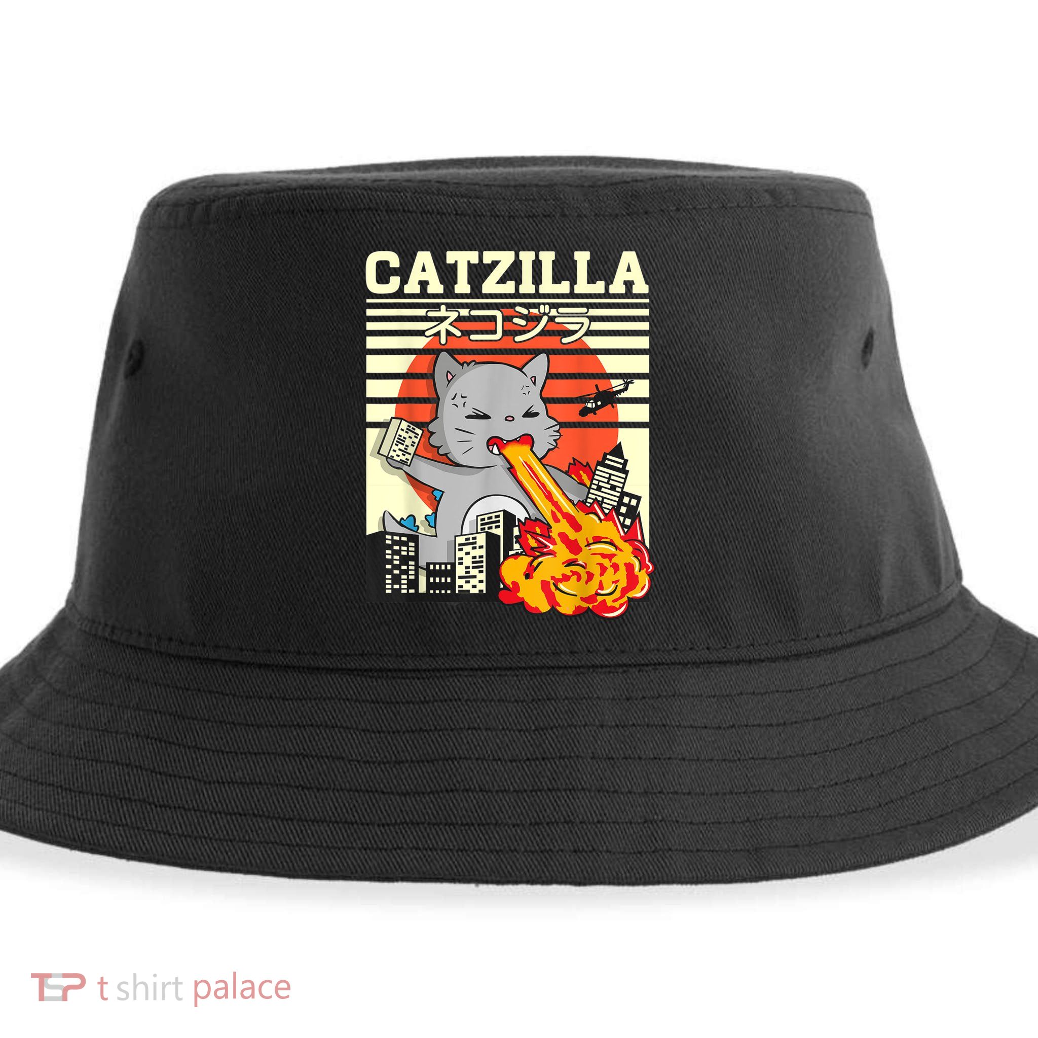 Funny Catzilla Kawaii Cat Kitten Lover Japanese Sunset Sustainable Bucket Hat