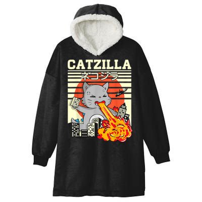 Funny Catzilla Kawaii Cat Kitten Lover Japanese Sunset Hooded Wearable Blanket