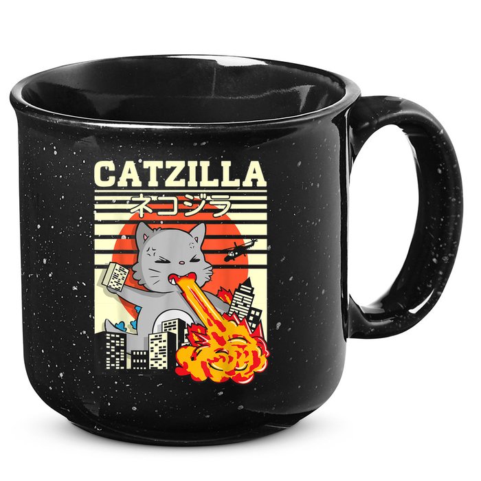 Funny Catzilla Kawaii Cat Kitten Lover Japanese Sunset 15oz Campfire Ceramic Mug
