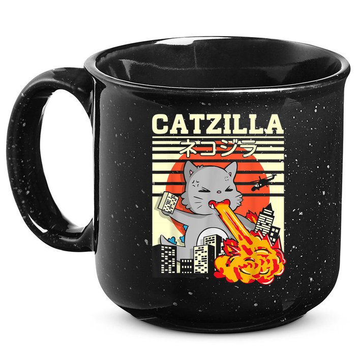 Funny Catzilla Kawaii Cat Kitten Lover Japanese Sunset 15oz Campfire Ceramic Mug