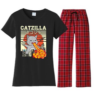 Funny Catzilla Kawaii Cat Kitten Lover Japanese Sunset Women's Flannel Pajama Set