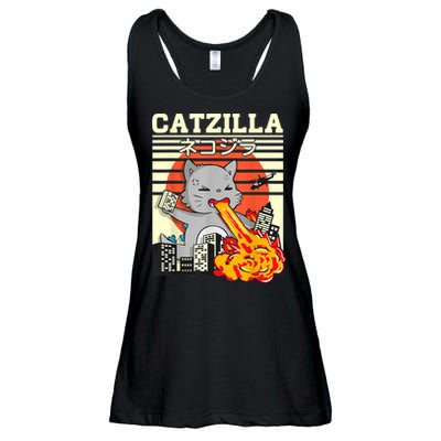 Funny Catzilla Kawaii Cat Kitten Lover Japanese Sunset Ladies Essential Flowy Tank