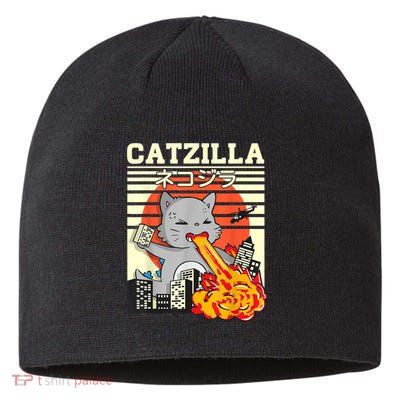 Funny Catzilla Kawaii Cat Kitten Lover Japanese Sunset Sustainable Beanie