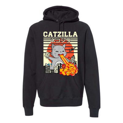 Funny Catzilla Kawaii Cat Kitten Lover Japanese Sunset Premium Hoodie