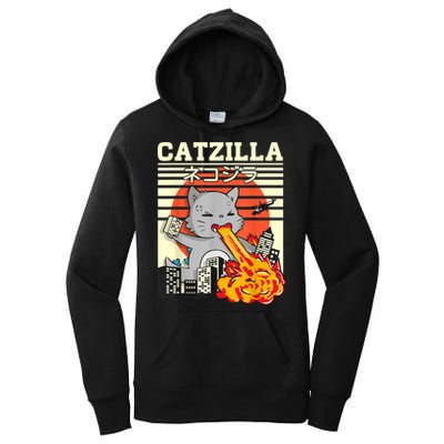 Funny Catzilla Kawaii Cat Kitten Lover Japanese Sunset Women's Pullover Hoodie