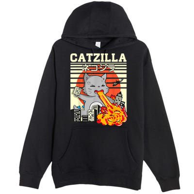Funny Catzilla Kawaii Cat Kitten Lover Japanese Sunset Premium Pullover Hoodie