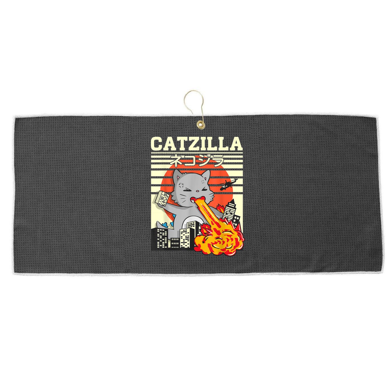 Funny Catzilla Kawaii Cat Kitten Lover Japanese Sunset Large Microfiber Waffle Golf Towel