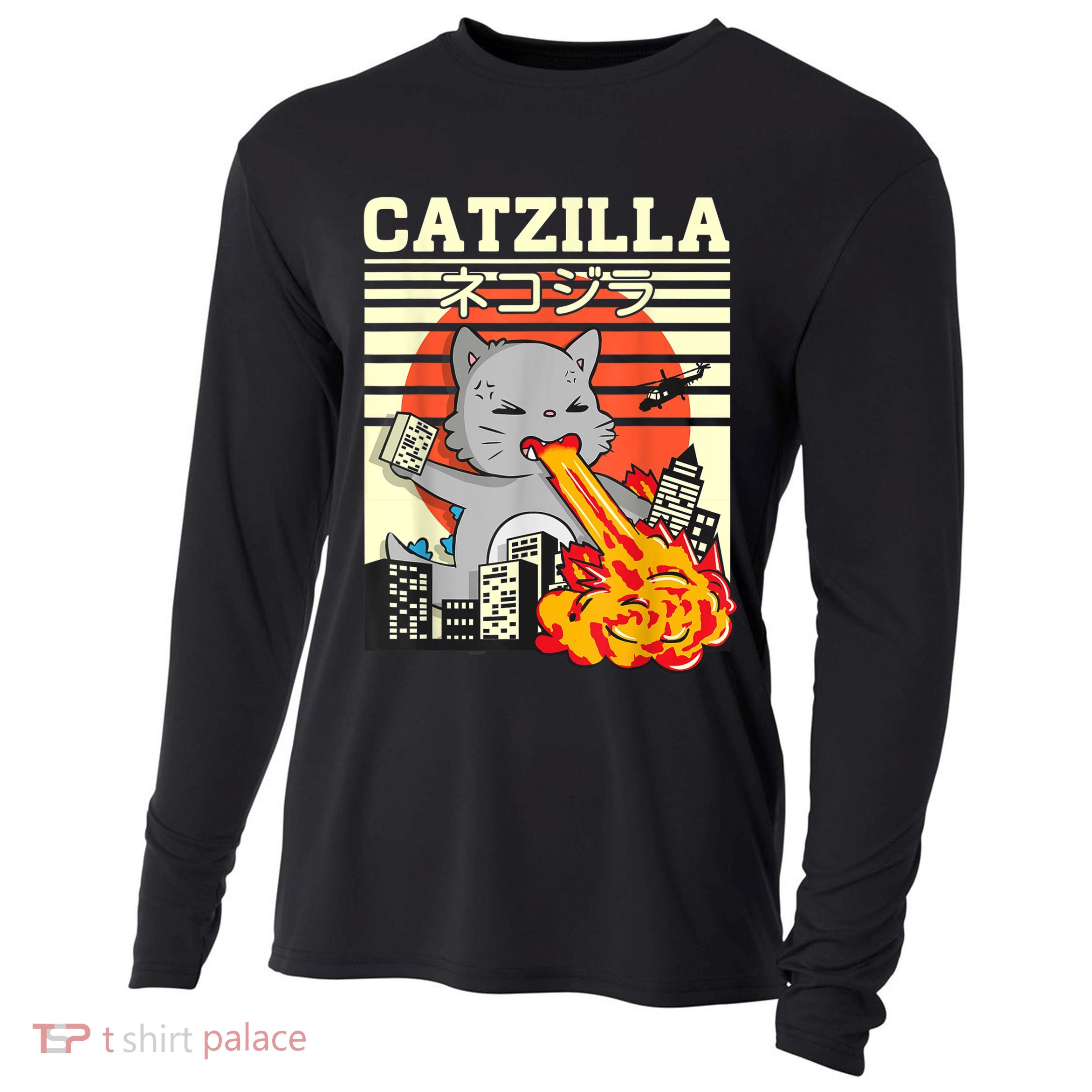 Funny Catzilla Kawaii Cat Kitten Lover Japanese Sunset Cooling Performance Long Sleeve Crew